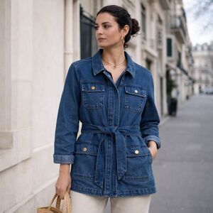 Draper James Dark Wash Belted Denim Utility Jacket Medium Field Jacket, New